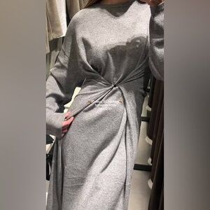 Zara Gray Wool Blend Knit Buttoned Multi-positional Midi Dress